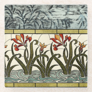 Stained Glass Flowers with Tan Border Glass Coaster