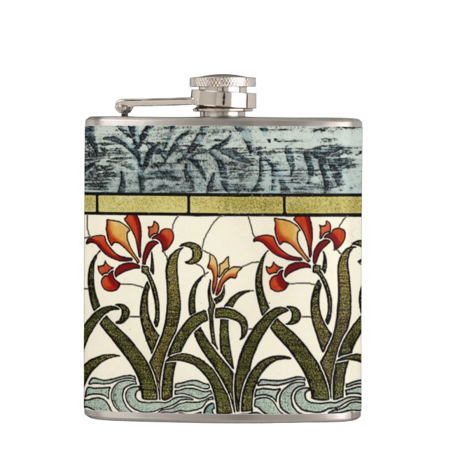 Stained Glass Flowers with Tan Border Hip Flask (Front)