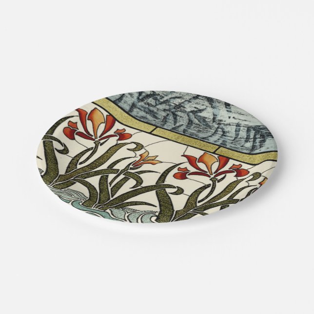 Stained Glass Flowers with Tan Border Paper Plate (Angled)