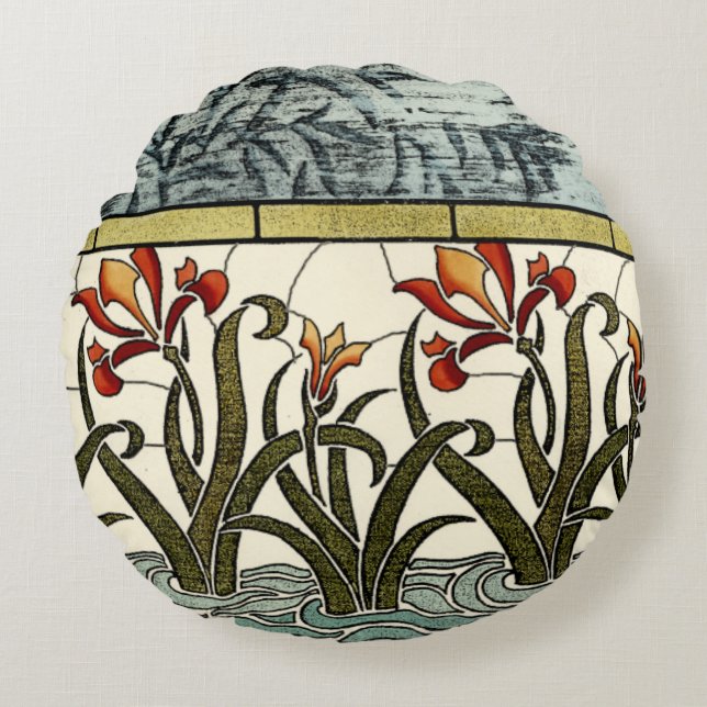 Stained Glass Flowers with Tan Border Round Cushion (Front)