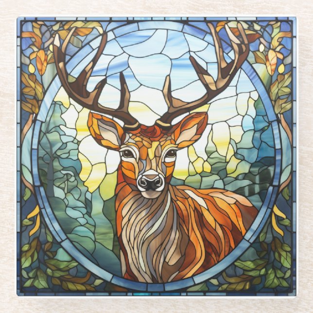 Stained Glass Forest Friend Stag Deer Coaster (Front)