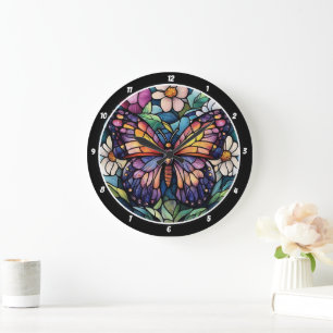 Stained Glass Garden" - Butterfly & Floral Large Clock