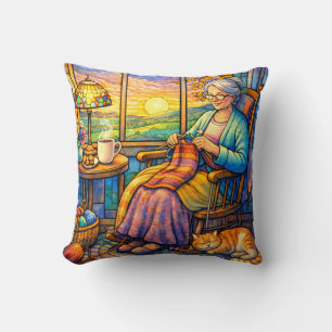 Stained Glass Grandma Knitting, Cat & Cozy Home Cushion