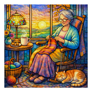 Stained Glass Grandma Knitting, Cat & Cozy Home Poster