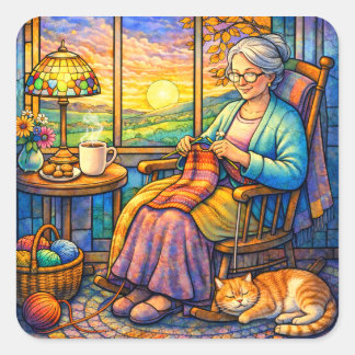 Stained Glass Grandma Knitting, Cat & Cozy Home  Square Sticker
