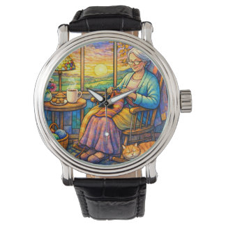 Stained Glass Grandma Knitting, Cat & Cozy Home  Watch