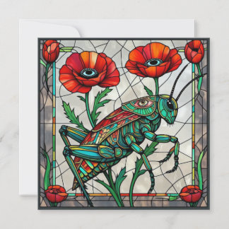 Stained Glass Grasshopper Red Poppy Surreal Eye Card