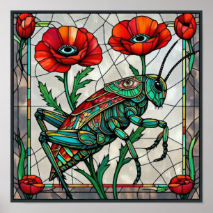 Stained Glass Grasshopper Red Poppy Surreal Eye  Poster