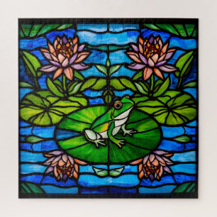 Stained Glass Green Frog and Water Lily Flowers Jigsaw Puzzle