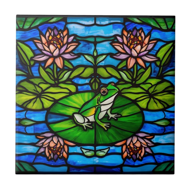 Stained Glass Green Frog and Water Lily Flowers  Tile (Front)