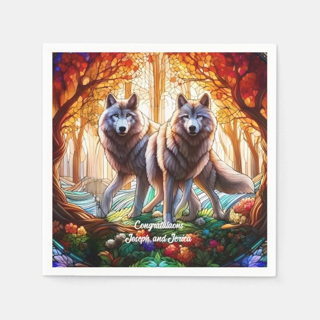 Stained Glass Grey Wolves Pair Napkin (Front)