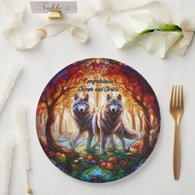 Stained Glass Grey Wolves Pair Paper Plate (Wedding)