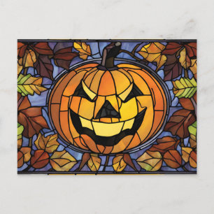 Stained Glass Halloween Pumpkin and Autumn Leaves Holiday Postcard