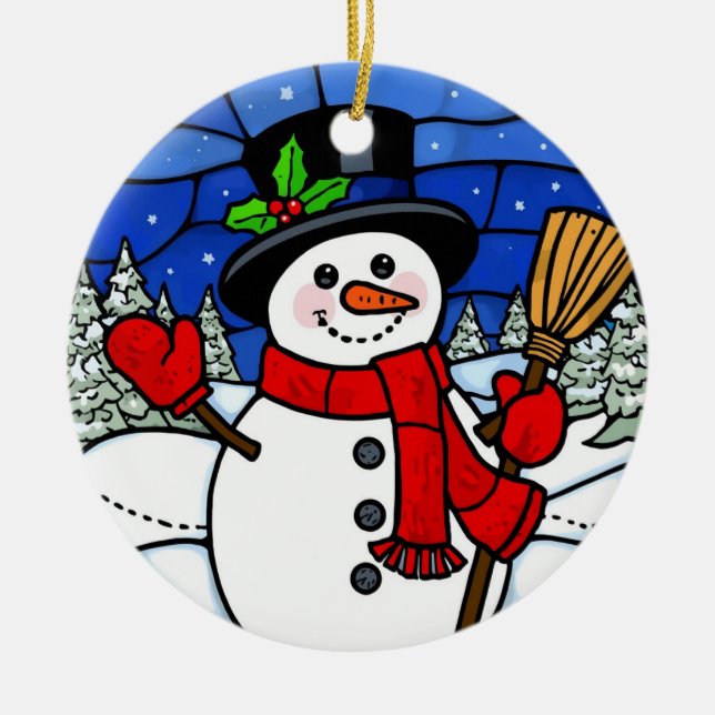 Stained Glass Happy Snowman Ceramic Tree Decoration (Front)