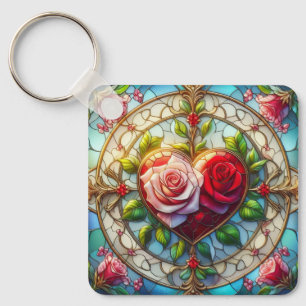Stained glass heart & roses key ring