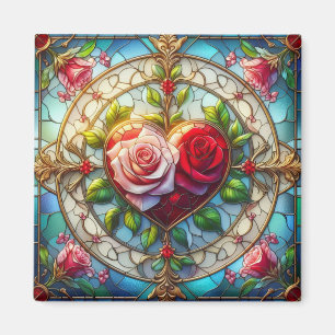 Stained glass heart & roses  magnet