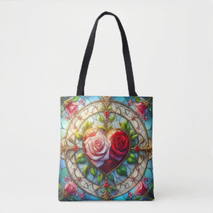 Stained glass heart & roses tote bag