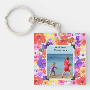 Stained Glass Hibiscus Flowers, Photo Frame Key Ring