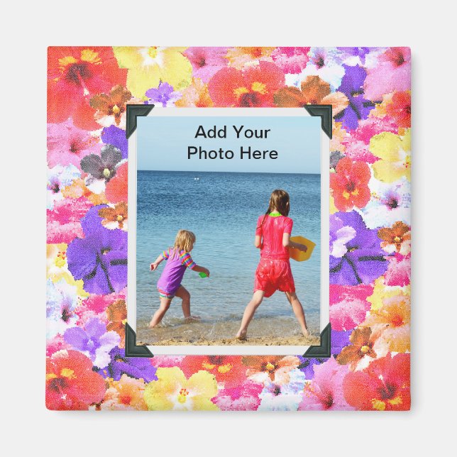 Stained Glass Hibiscus Flowers, Photo Frame Magnet (Front)