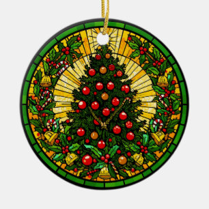 Stained Glass Holly & Bells Tree Ceramic Tree Decoration