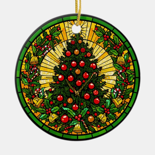 Stained Glass Holly & Bells Tree Ceramic Tree Decoration (Front)