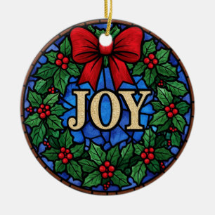 Stained Glass Holly Wreath JOY Ceramic Tree Decoration