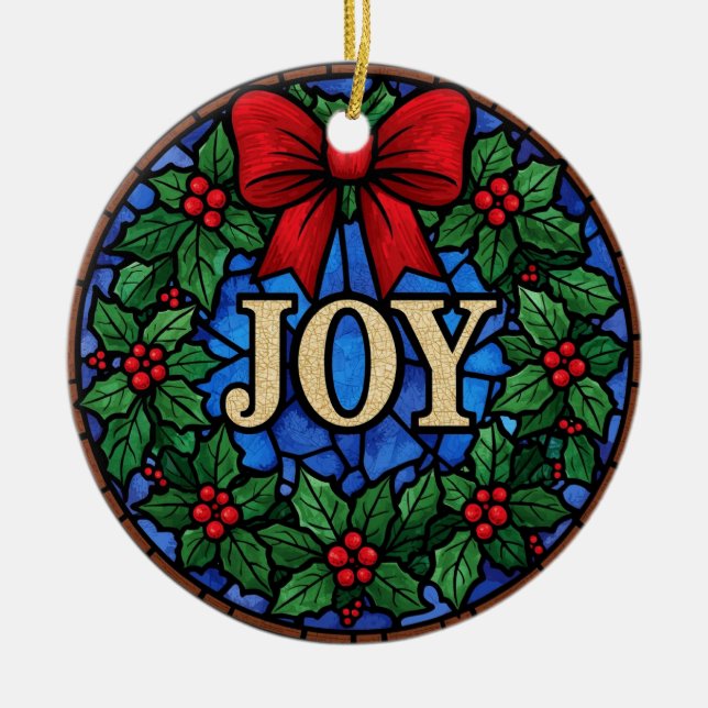 Stained Glass Holly Wreath JOY Ceramic Tree Decoration (Front)