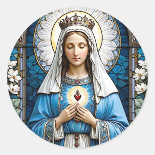 Stained Glass Holy Mary with Sacred Hearts Classic Round Sticker