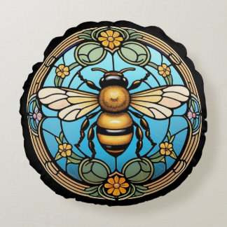 Stained Glass Honeybee Round Cushion