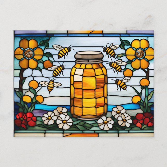Stained Glass Honeybees and Honey Jar  Postcard (Front)