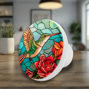 Stained Glass Hummingbird Floral Ceramic Knob