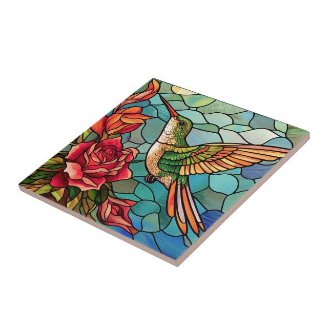 Stained Glass Hummingbird Floral Tile (Side)