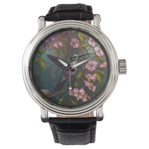 Stained Glass Hummingbird Pattern Spring Flowers Watch