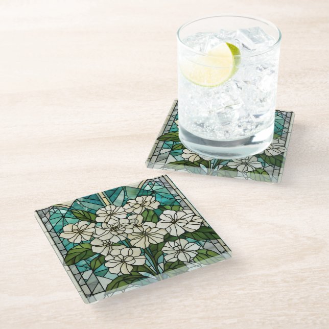 Stained Glass Hydrangea Illustration  Glass Coaster (Angled)