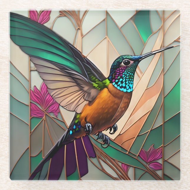 Stained Glass Illustration of a Hummingbird  Glass Coaster (Front)