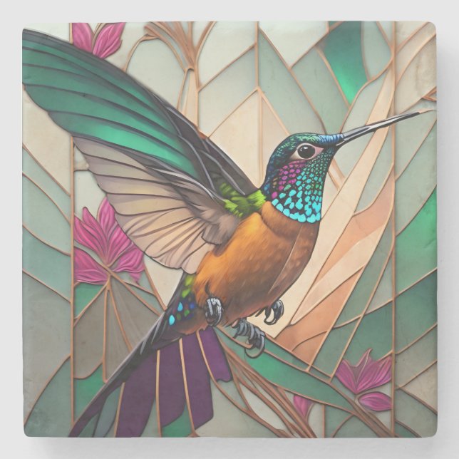 Stained Glass Illustration of a Hummingbird  Stone Coaster (Front)