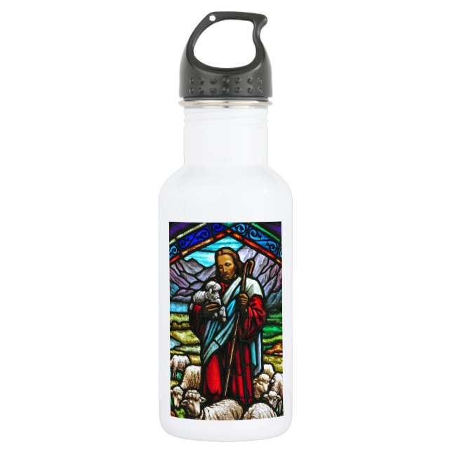 Stained glass image of Jesus and lambs 532 Ml Water Bottle (Front)