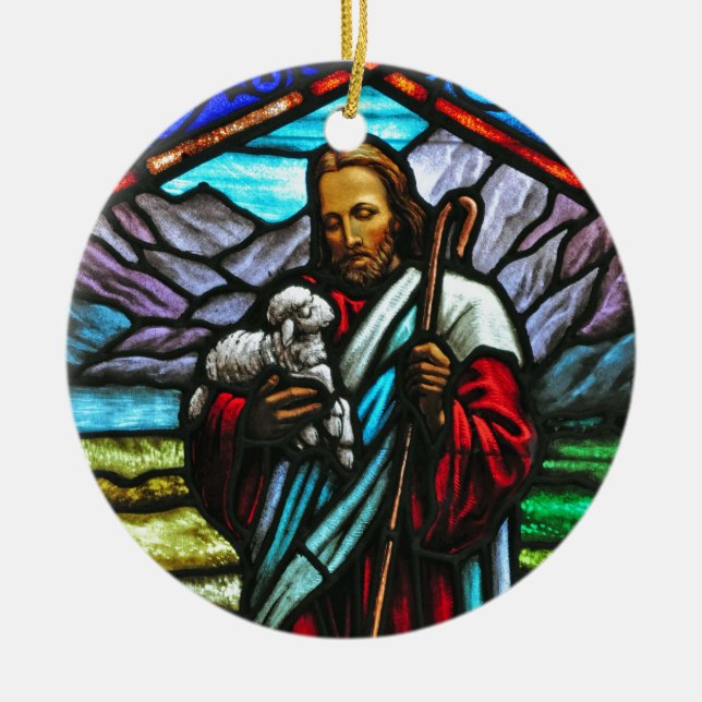 Stained glass image of Jesus and lambs Ceramic Tree Decoration (Front)