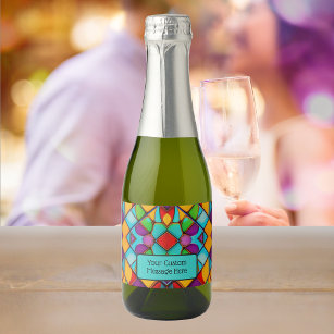 Stained Glass in Cheerful Colours with your messag Sparkling Wine Label