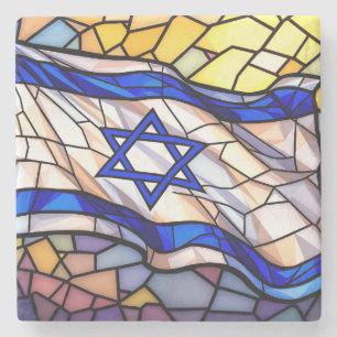 Stained Glass Israel Flag Mosaic Judaica Art Stone Coaster