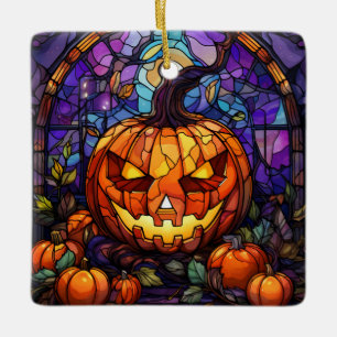 Stained Glass Jack-o'-Lantern Ceramic Ornament