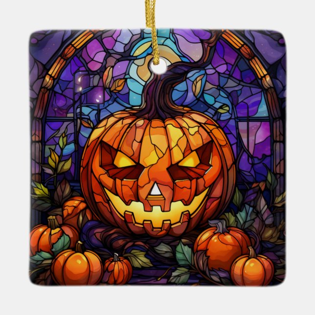 Stained Glass Jack-o'-Lantern Ceramic Ornament (Front)