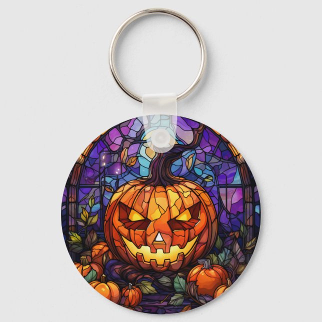 Stained Glass Jack-o'-Lantern: Spooky Elegance Key Ring (Front)