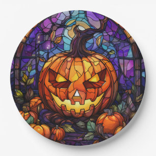 Stained Glass Jack-o'-Lantern: Spooky Elegance Paper Plate