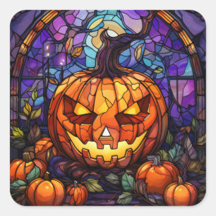 Stained Glass Jack-o'-Lantern: Spooky Elegance Square Sticker