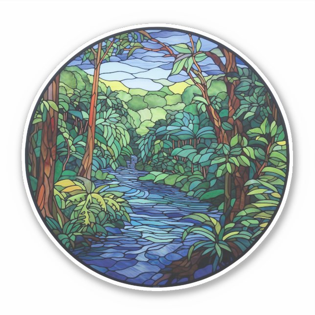 Stained Glass Jungle River Round Vinyl Decal (Front)