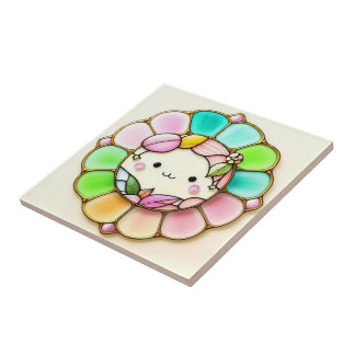 Stained glass kawaii style pattern tile