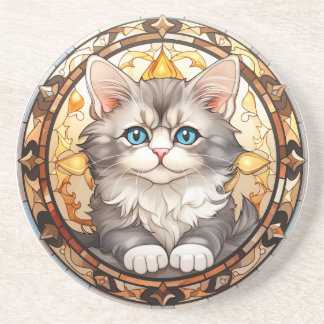 Stained Glass Kitten Elegant Blue-Eyed Cat Art Coaster