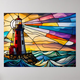 Stained Glass Lighthouse at Sunrise Poster