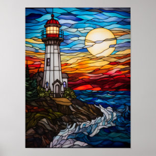 Stained Glass Lighthouse at Sunset Over a Rocks Poster